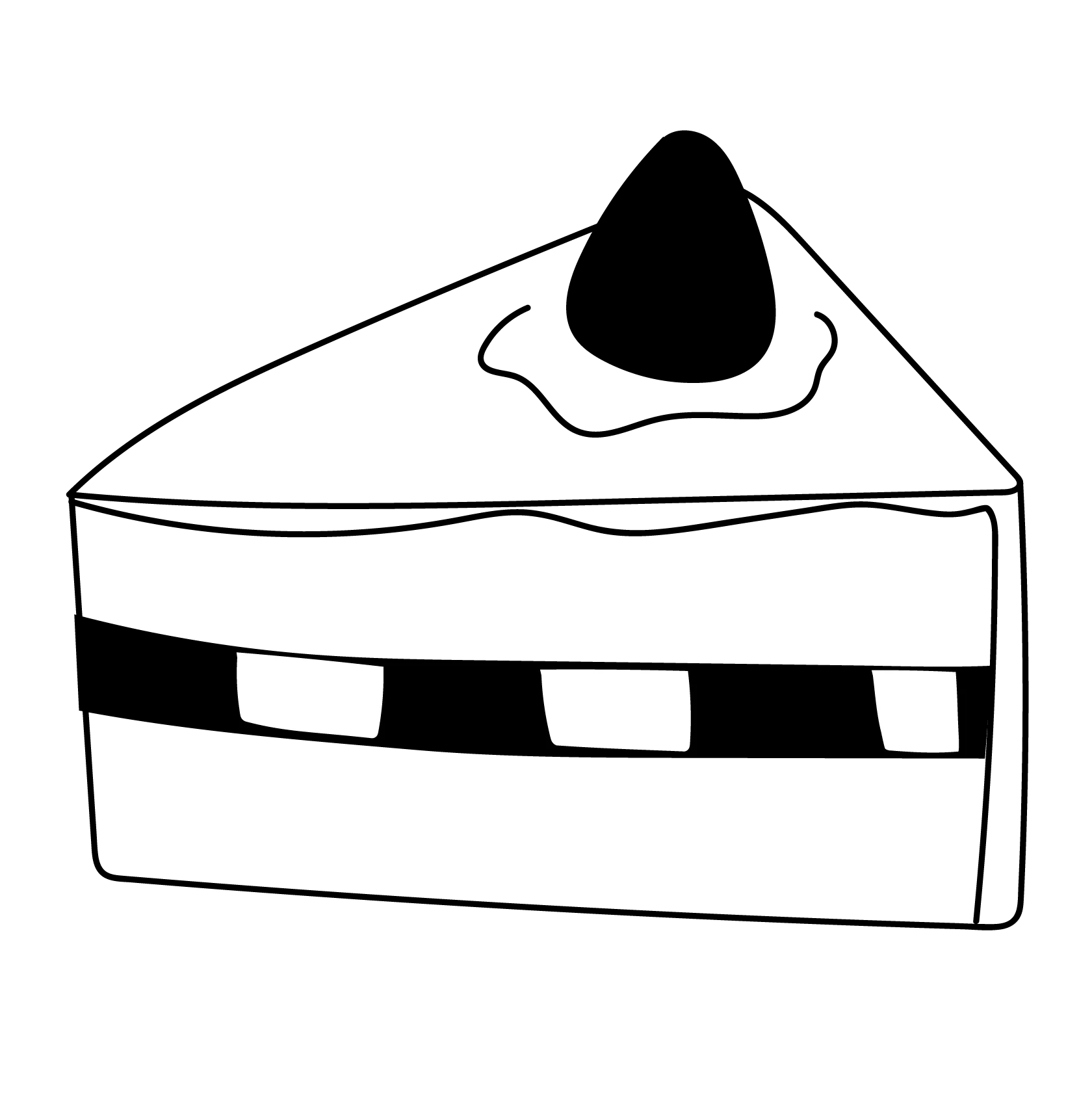 Line drawing of a slice of cake with a black cherry on top.