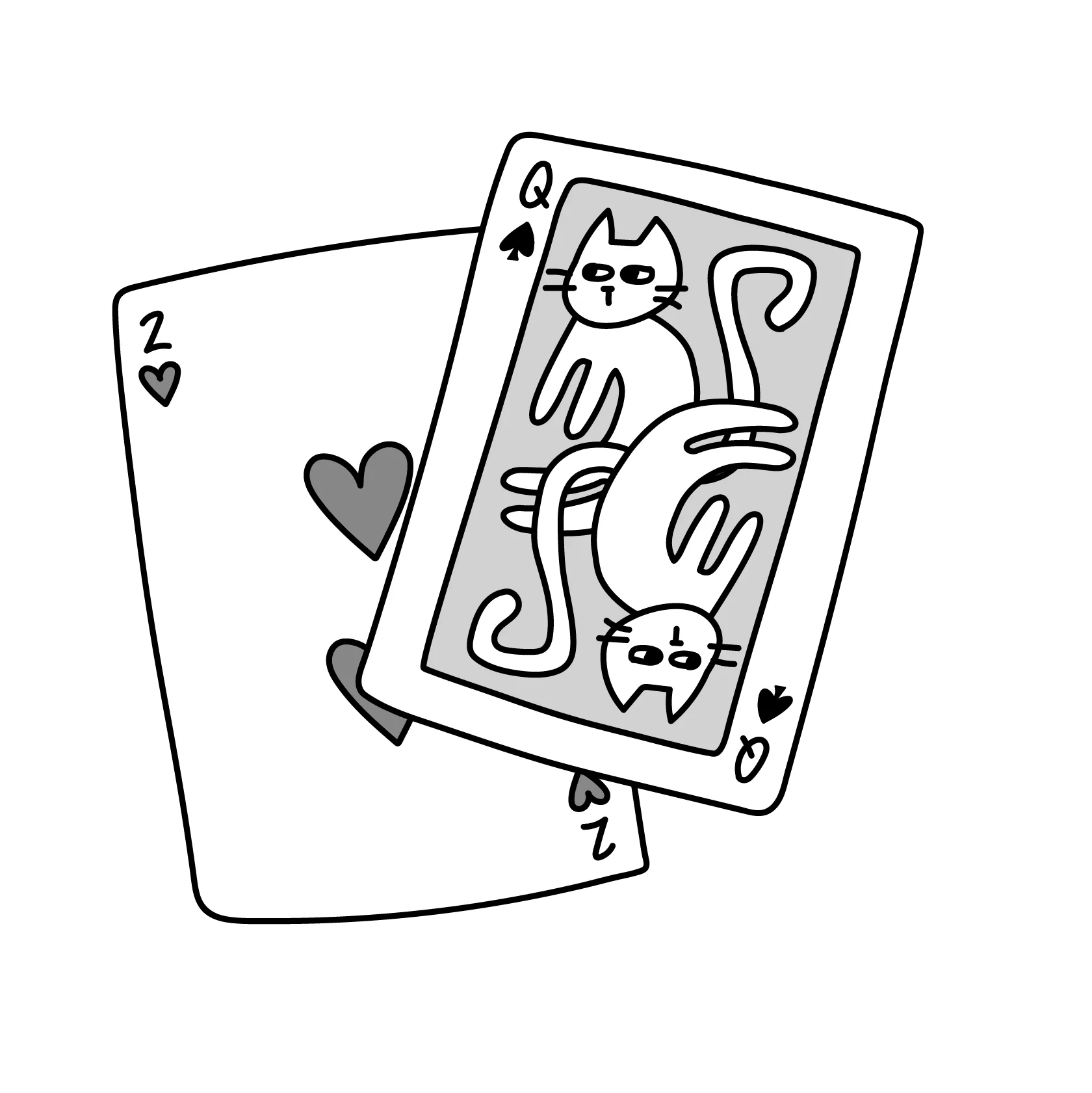 Line drawing of two playing cards, one with cats on it.