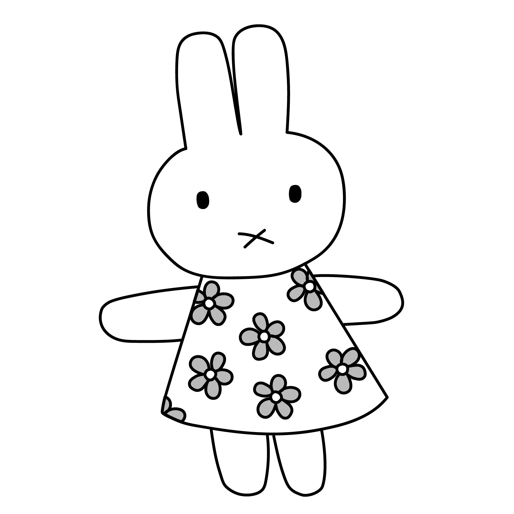 Line drawing of a cartoon rabbit in a flowered dress.
