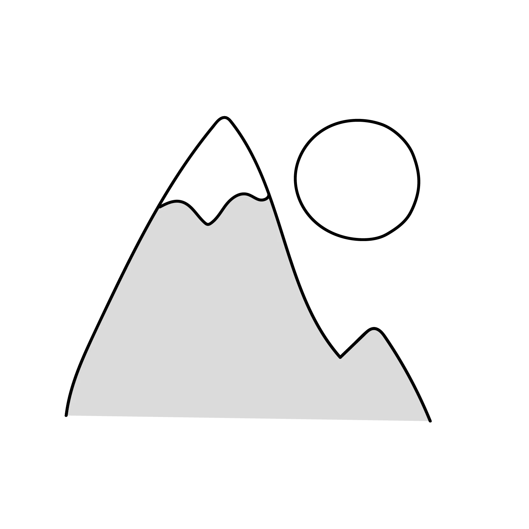 Line drawing of a snowy mountain and sun.