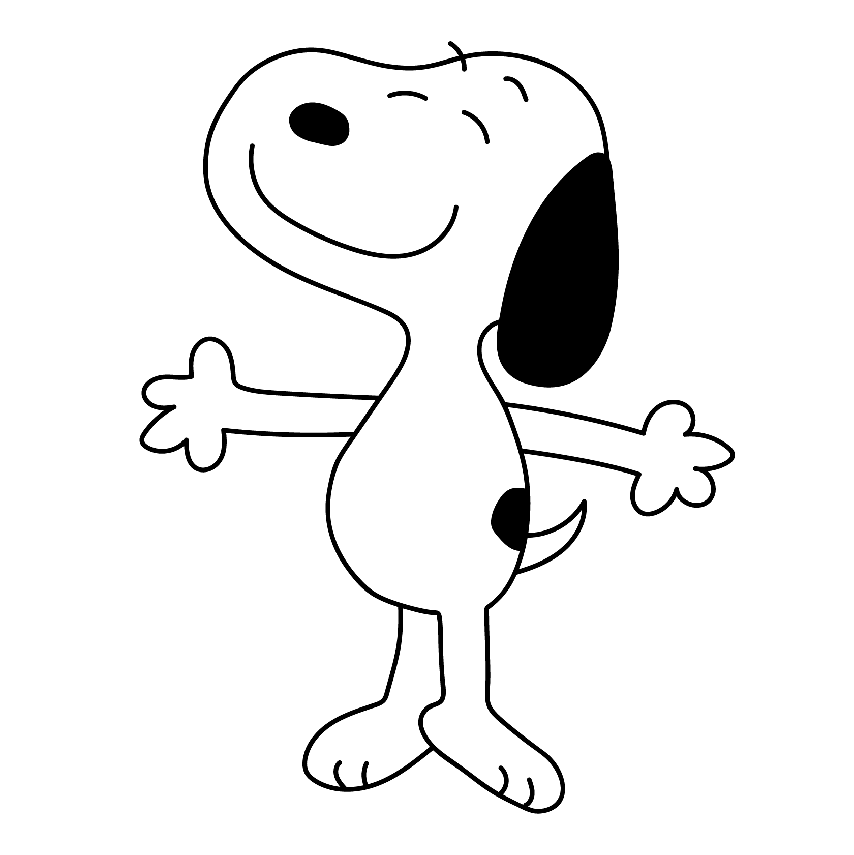 Line drawing of a cartoon beagle with arms stretched wide.