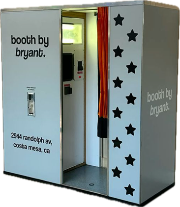 A silver photo booth with a row of black stars down its right side and the text “booth by bryant” on the front.