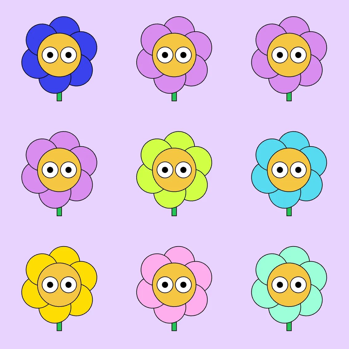 Grid of nine cartoon flowers with googly eyes on a lavender background.