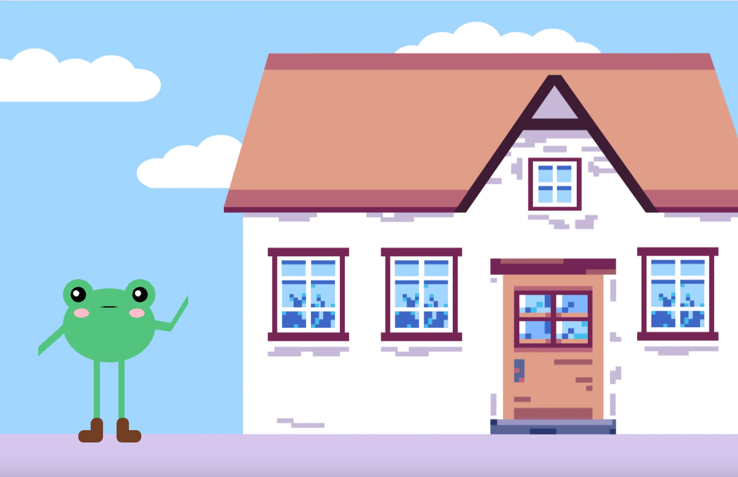 Pixel-style illustration of a green frog standing next to a white house with a pink roof.