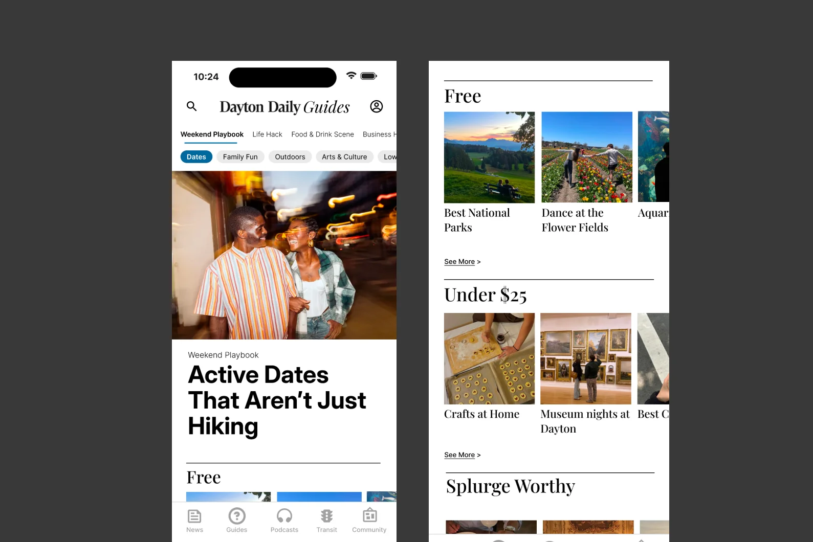 Two Guides screens: the Weekend Playbook feed with an Active Dates article, and a list of guides grouped under Free, Under $25, and Splurge Worthy.