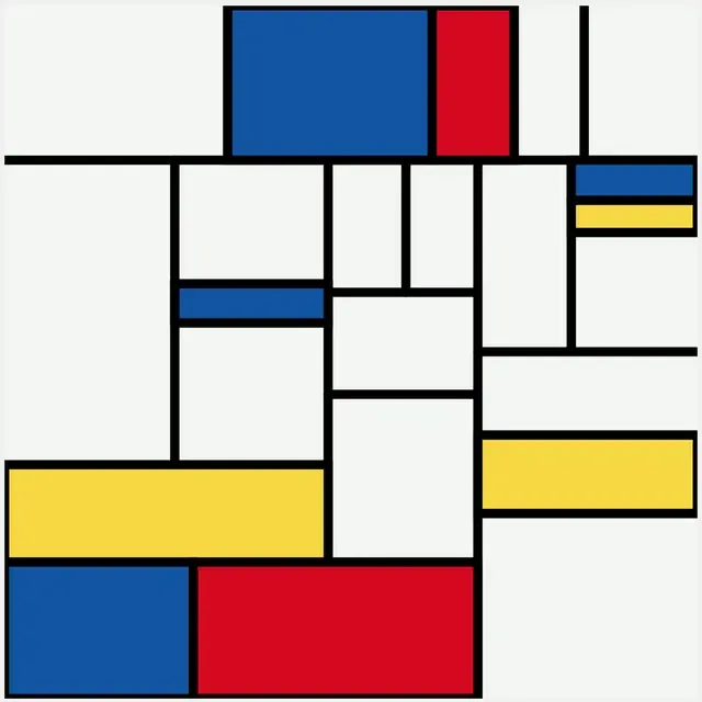 Mondrian-style composition of black lines with red, blue and yellow blocks.