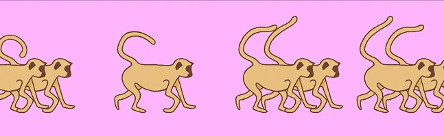 Strip of illustrated monkeys walking on a pink background.