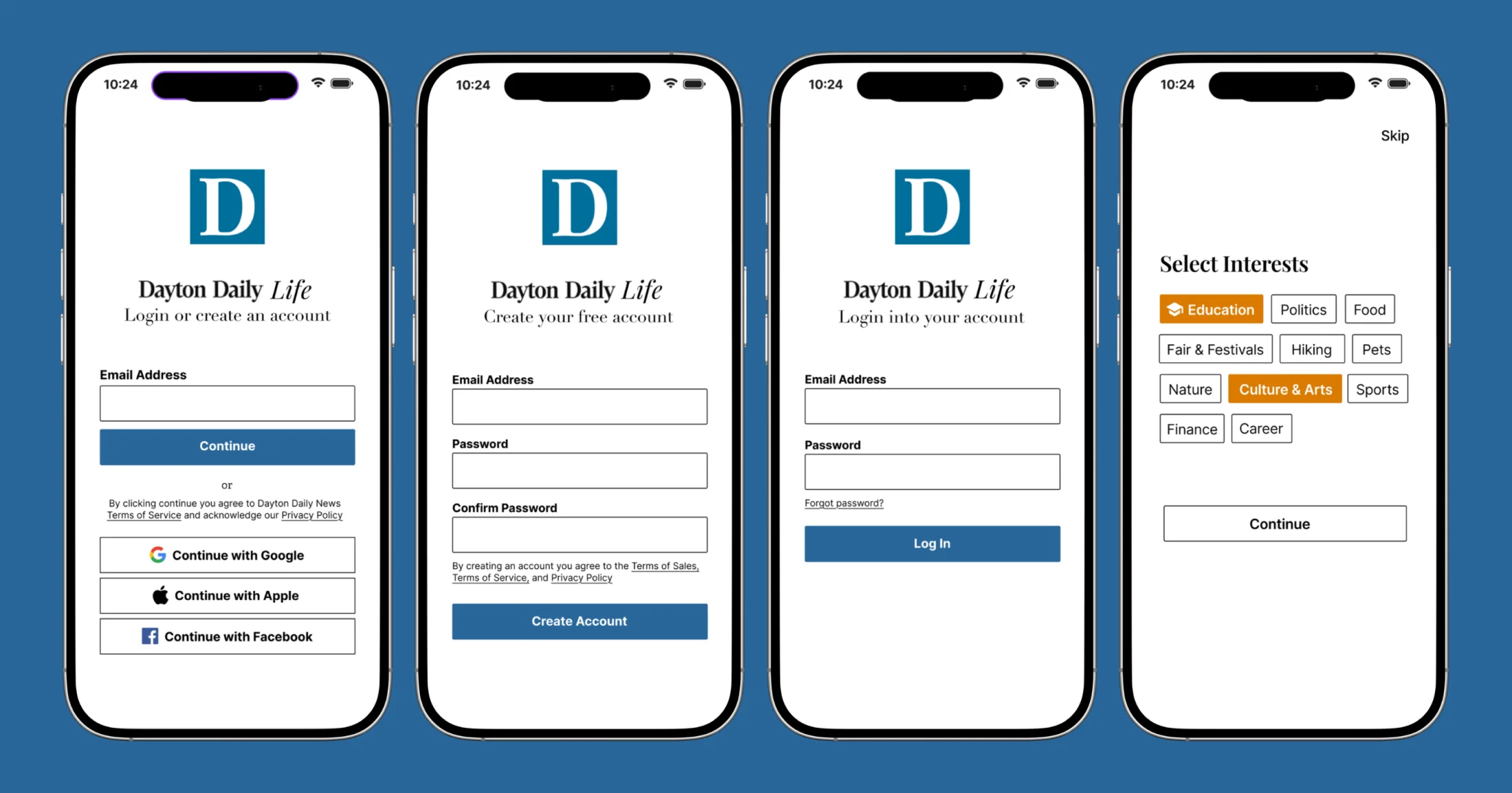 Four onboarding screens: continue with email or social sign-in, create account, log in, and Select Interests with a Skip option.