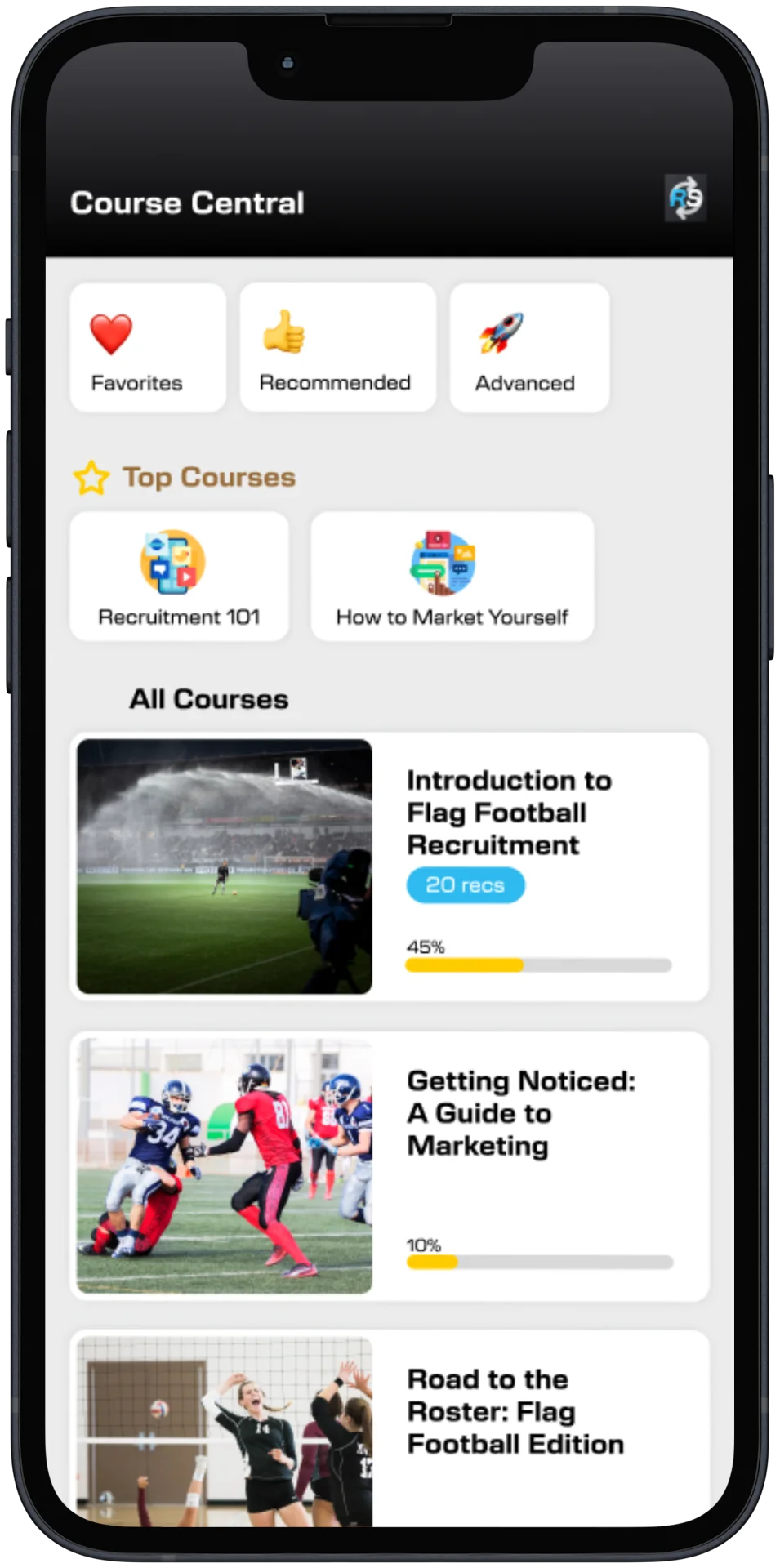 Athlete Course Central with the same layout and athlete-specific courses.