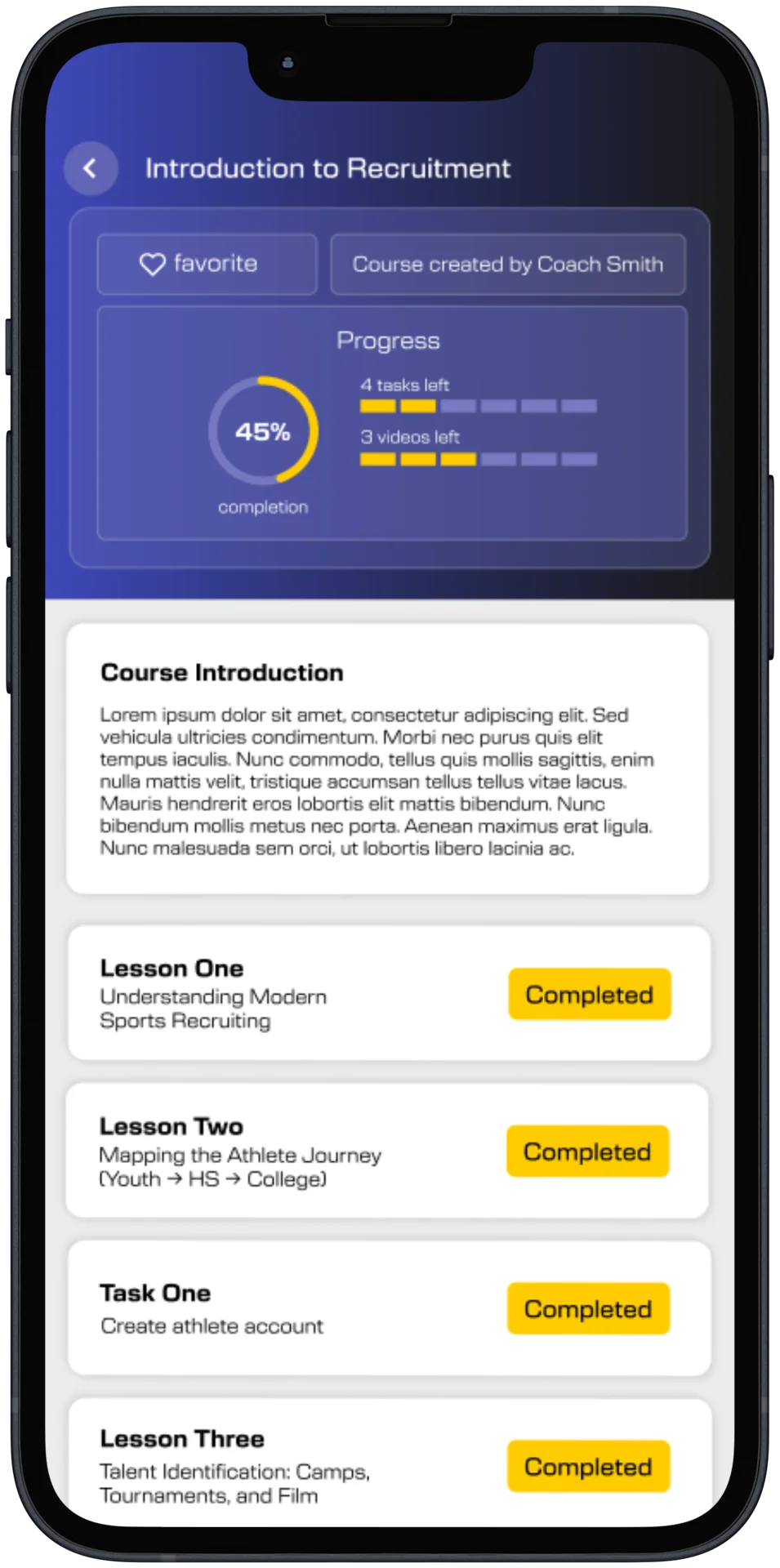 Course details with a progress ring, course introduction, and lessons with Completed badges.