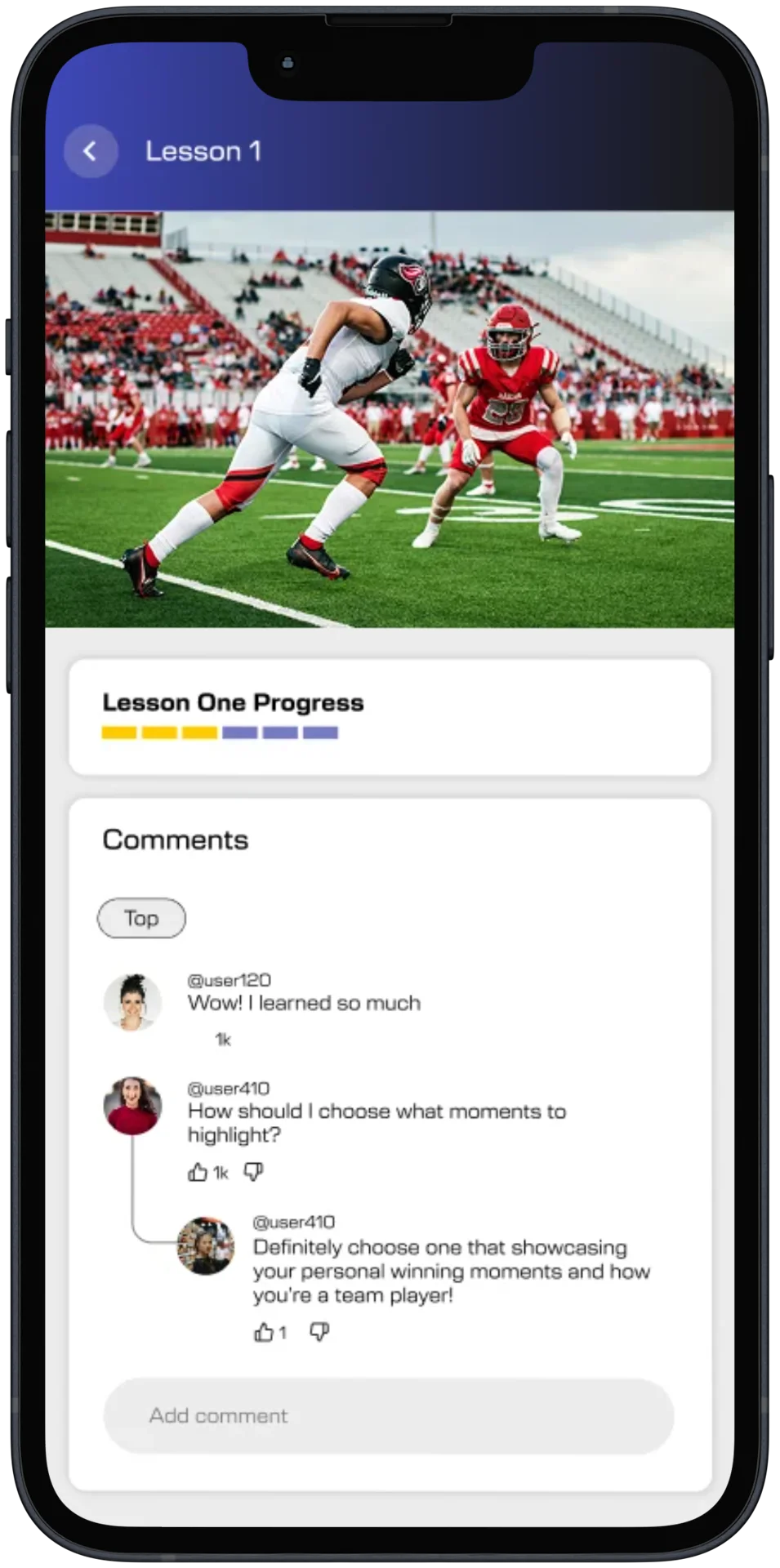Lesson details with a video, lesson progress bar, and comments.