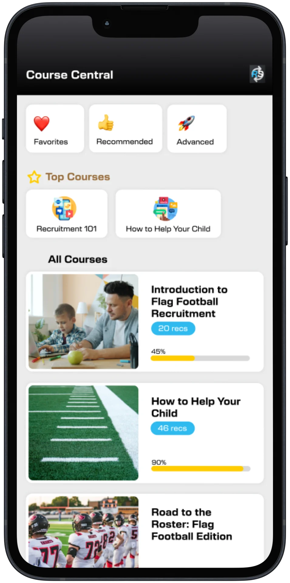 Parent Course Central: shortcuts, Top Courses, and an All Courses list with progress bars.
