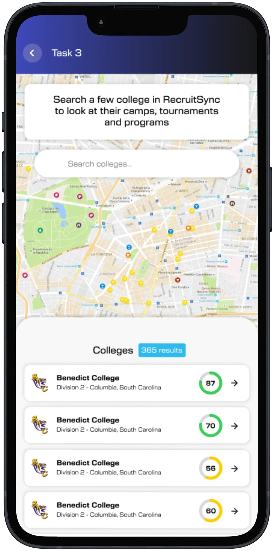 Task screen asking the athlete to search colleges on a map and view their camps and programs.