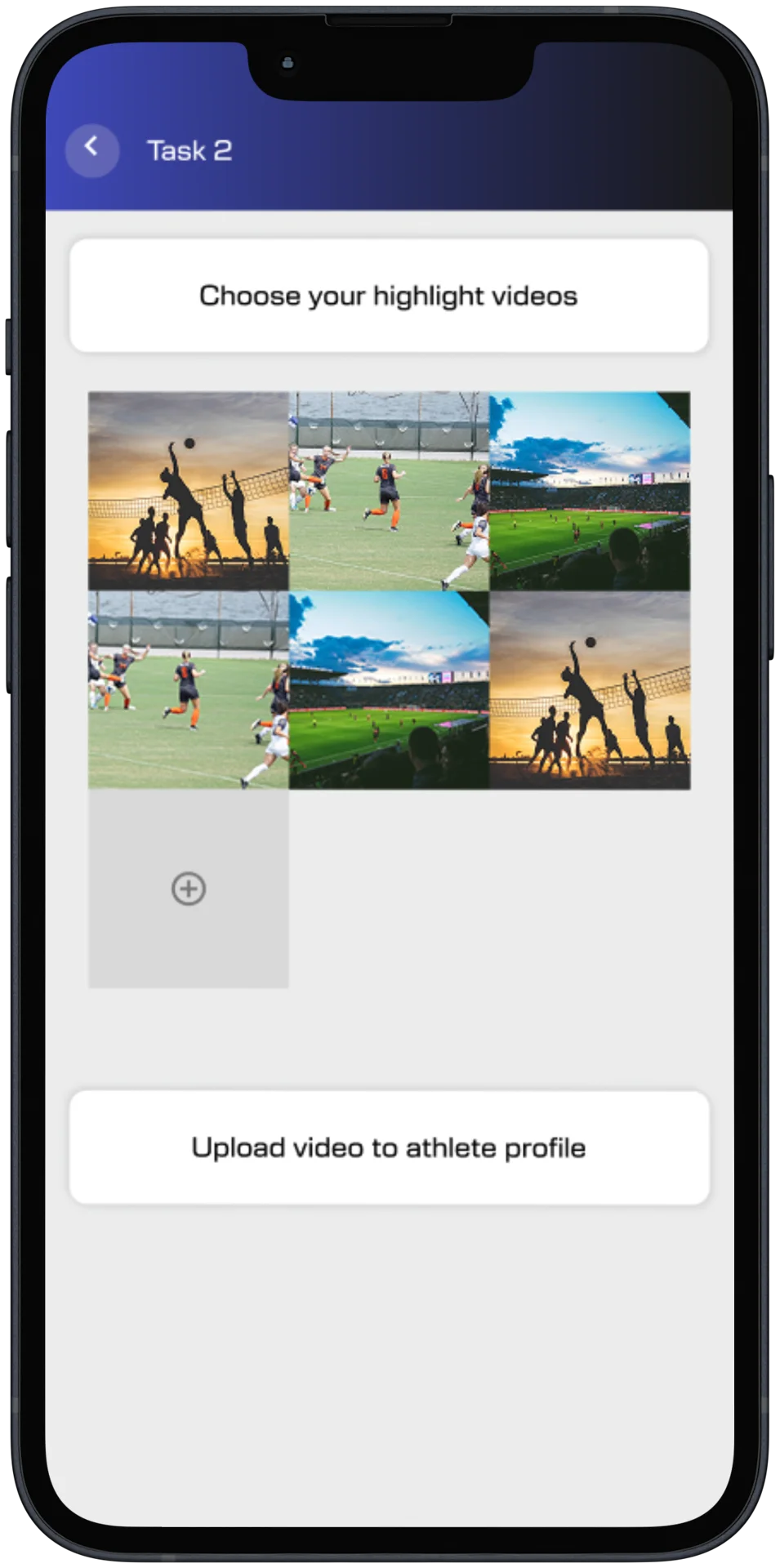 Task screen for choosing highlight videos to upload to the athlete profile.