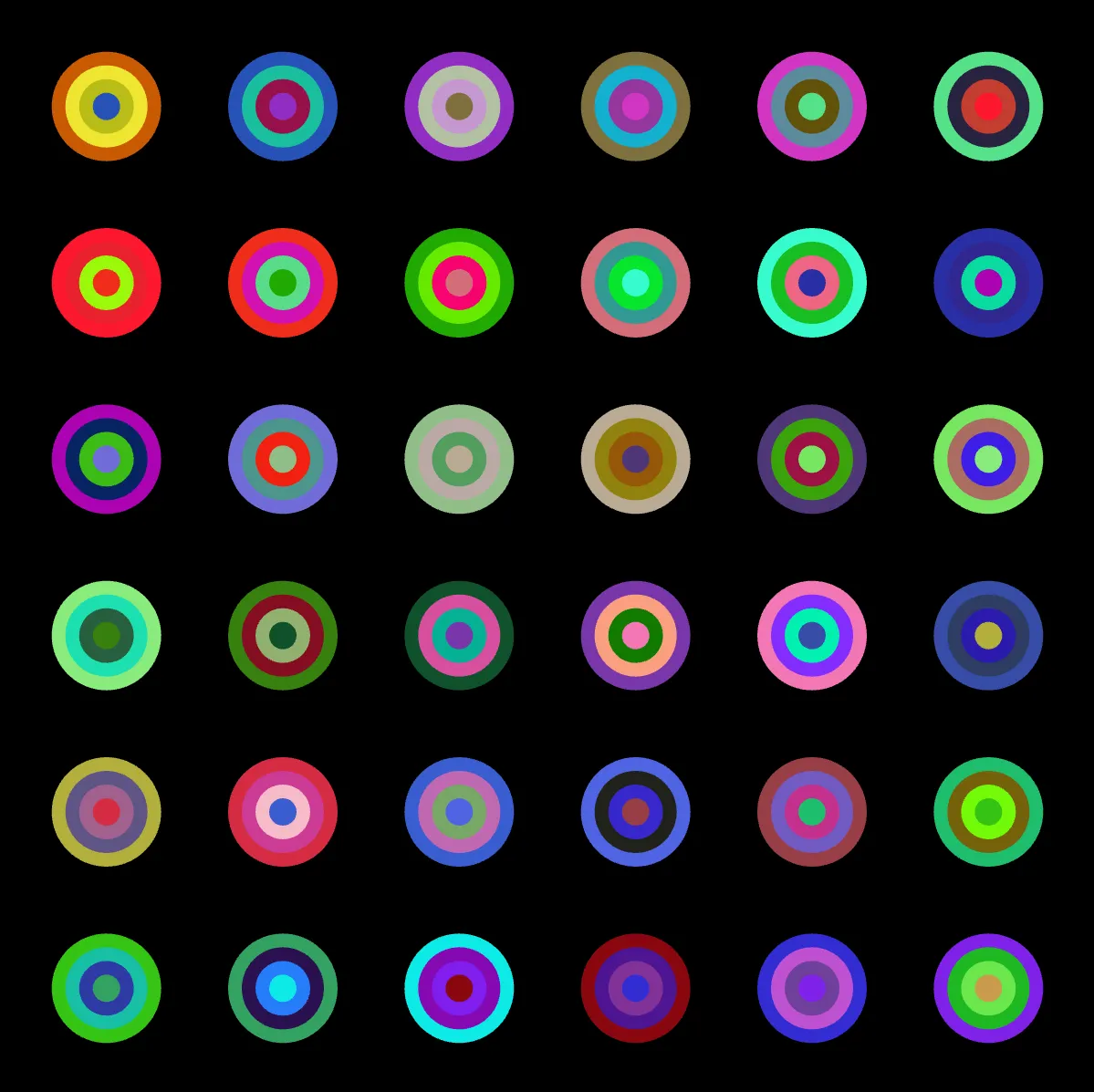 Grid of colorful concentric rings on black.