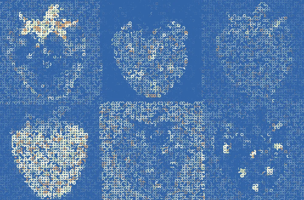 Dithered blue grid of strawberry and heart shapes.
