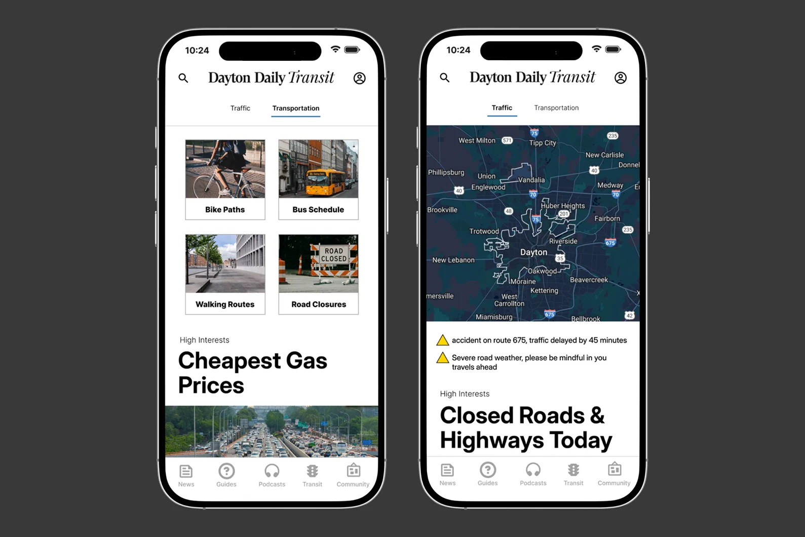 Two Transit screens: the Transportation tab with Bike Paths, Bus Schedule, Walking Routes and Road Closures, and the Traffic tab with a live map of the Dayton area.